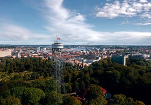 Photo of aerial view above Middelfart, Denmark.