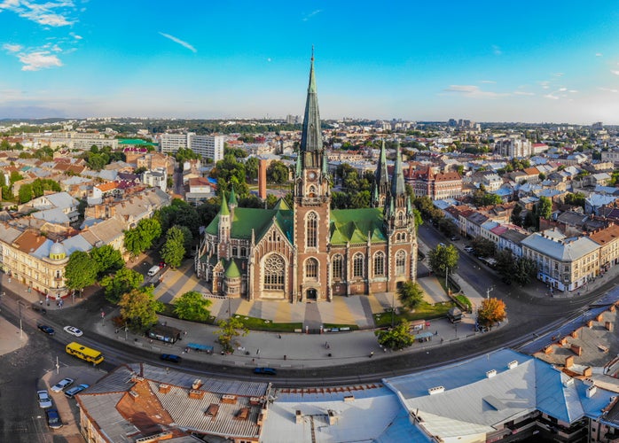 Photo of aerial view of historical old city district of Lviv. Cathedral of Saints Olga and Elizabeth, Lviv, Ukraine.