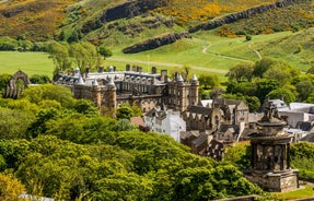 Photo of beautiful view of the old town city of Edinburgh from Calton Hill, United Kingdom.