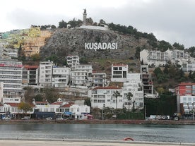 Photo of aerial view of Kuşadası beach resort town on Turkey’s western Aegean coast.