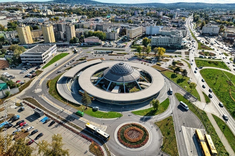 Photo of  a flying saucer-shaped bus station in Kielce,Poland.