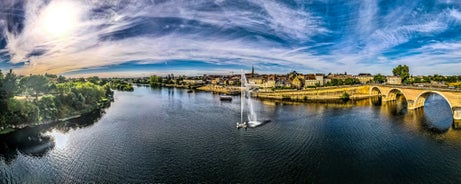 photo of the Bergerac town from bridge over Dordogne River in France.