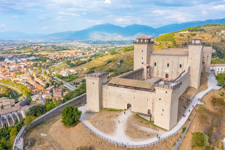 Aerial view of Rocca Albornoziana castle in Spoleto, Italy.