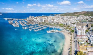 photo of an aerial view of Sant Antoni de Portmany in Ibiza islands, Spain.