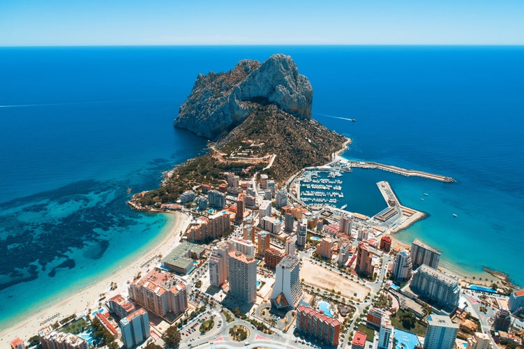 Aerial view of Calpe with Mediterrian Sea and Natural Park of Penyal d'Ifac