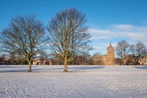 Photo of Snow covered city park and St Leonards in Perth ,Scotland .