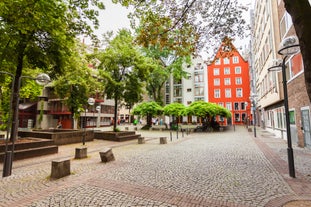 Photo of scenic summer view of the German traditional medieval half-timbered Old Town architecture and bridge over Pegnitz river in Nuremberg, Germany.