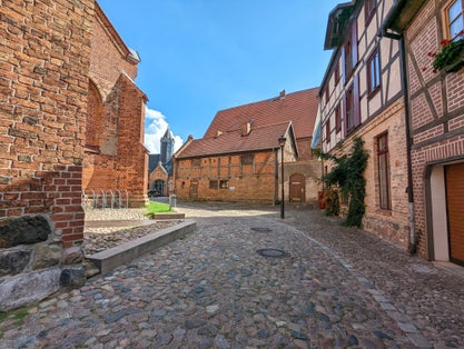 Photo of old town Europe street in Waren, Germany.