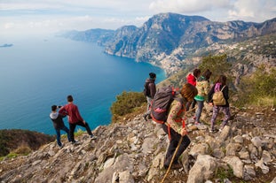 Photo of aerial morning view of Amalfi cityscape on coast line of Mediterranean sea, Italy.