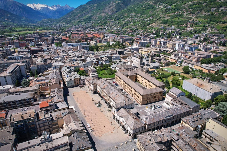 Aerial view of the city center and the main square of Aosta. Italy