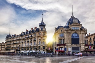 Photo of aerial view of Triumphal Arch or Arc de Triomphe in Montpellier city in France.