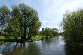 Photo of aerial view of Salisbury cathedral in the spring morning, England.