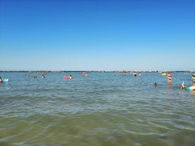 Photo of amazing landscape with beautiful sea beach on sunset in Viserbella, Italy.