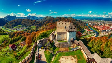 Capital of Slovenia, panoramic view with old town and castle.