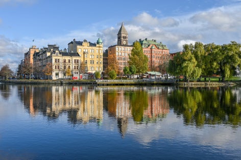 Motala stream in Norrkoping during fall. Norrkoping is a historic industrial town in Sweden.