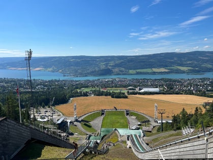 Panoramic view of Lillehammer from top of ski jumping hill. Lillehammer hosted the 1994 Winter Olympics and 2016 Winter Youth Olympics