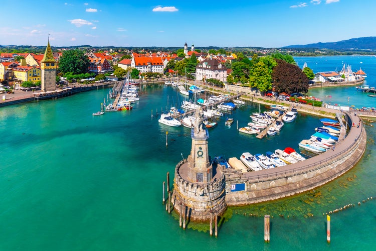 Scenic summer aerial view of the Old Town pier architecture in Lindau, Bodensee or Constance lake, Germany