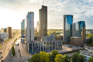 Photo of aerial view of Beautiful Gauja river in the town of Valmiera, Latvia.