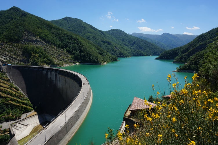 Photo of Beautiful landscape of dam with green water in lake surrouned by rocky mountains , green pine trees and yellow flowers against blue sky during summer in Ridracoli, Province of Forli-Cesena, Italy.