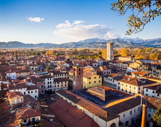 photo of view of  Panoramic view of Lucca medieval town with typical terracotta tiled roofs and narrow streets, Tuscany, Italy