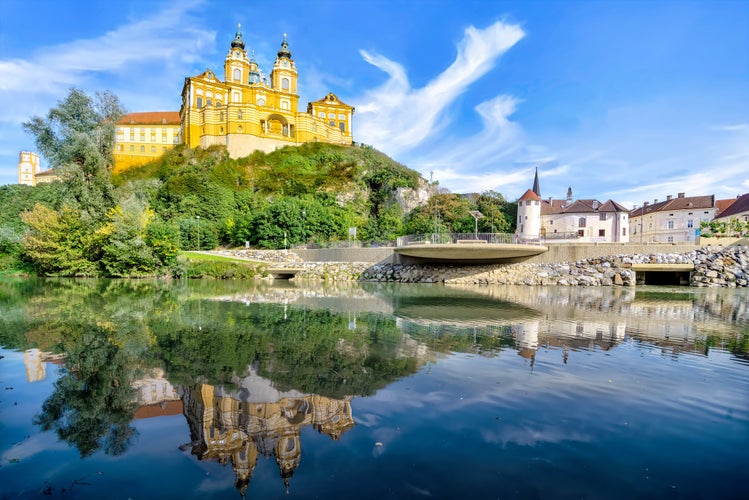 photo of view of Melk Abbey, German: Stift Melk is a Benedictine abbey above the town of Melk, Austria,