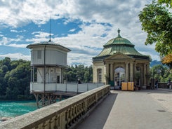 Bern, Switzerland. View of the old city center and Nydeggbrucke bridge over river Aare.