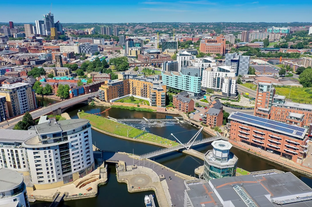 Photo of redeveloped Warehouses along the River in Leeds, UK.