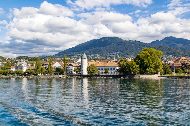 View of La Tour-de-Peilz from a boat on Lake Geneva (Vaud, Switzerland)