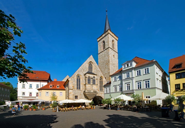 Morning view on the Wenige Square with the old church in Erfurt city, Germany