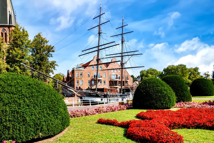 Photo of Papenburg with town hall and ship on a sunny day in summer, Germany