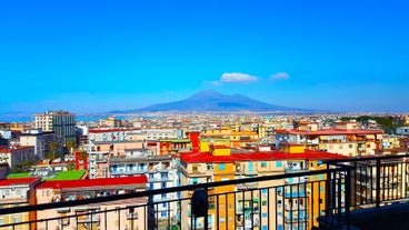 Naples, Italy. View of the Gulf of Naples from the Posillipo hill with Mount Vesuvius far in the background and some pine trees in foreground.