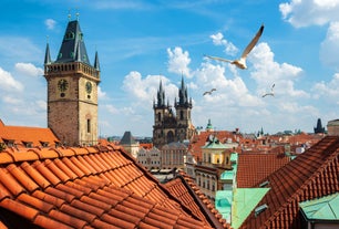 Photo of aerial view on Mikulov town in Czech Republic with Castle and bell tower of Saint Wenceslas Church.