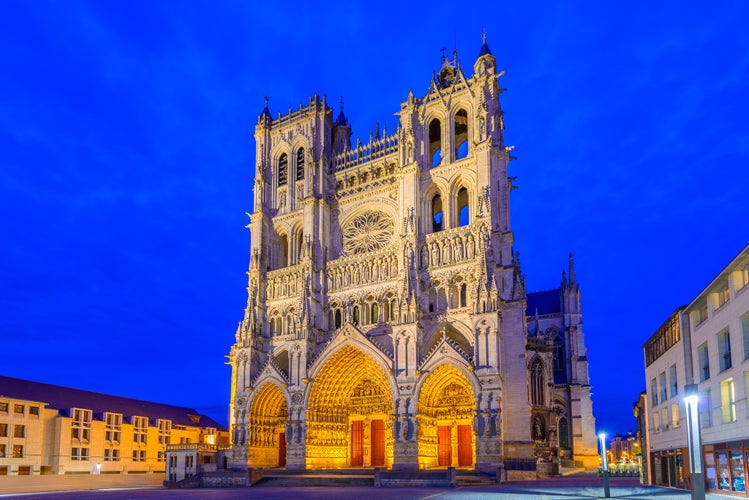 Notre-Dame of Amiens Cathedral. Vast, 13th-century Gothic edifice, famous for lavish decoration & carvings, with 2 unequal towers.