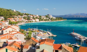 Photo of aerial view of gorgeous azure scene of summer Croatian landscape in Podgora, Dalmatia, Croatia.