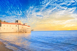 Photo of panoramic aerial view of old town of Budva, Montenegro.