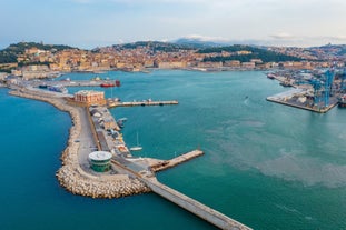 Photo of beautiful landscape of panoramic aerial view port of Genoa in a summer day, Italy.