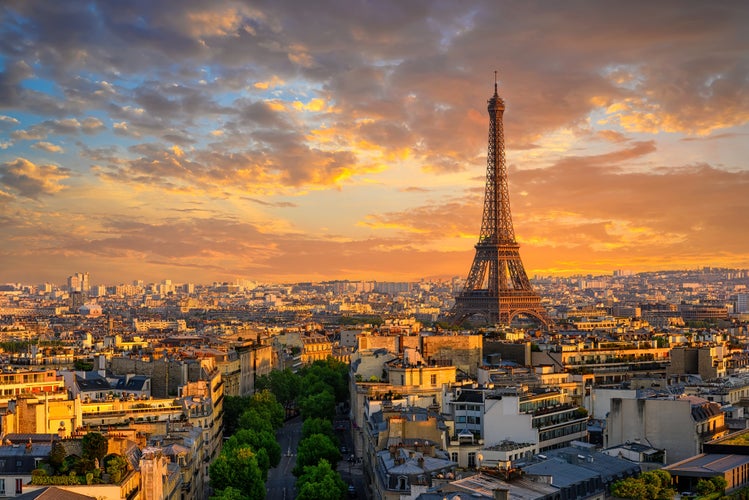 Skyline of Paris with Eiffel Tower in Paris, France. Panoramic sunset view of Paris.jpg