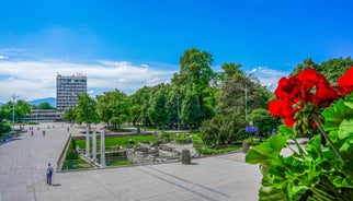 Photo of panoramic aerial view of Samokov, Bulgaria.