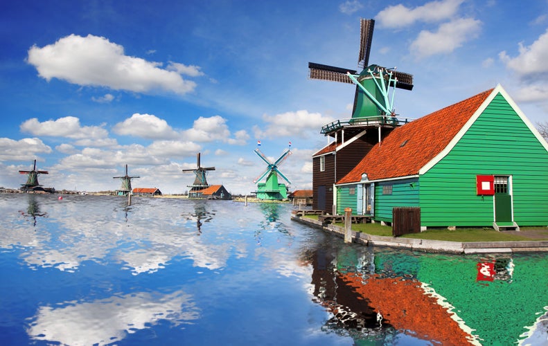 Traditional Dutch windmills with canal close the Amsterdam, Holland