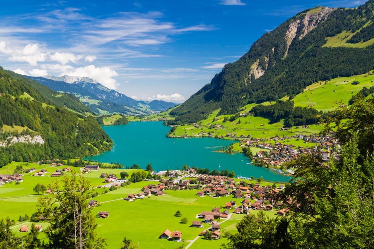 Photo of Lake Lungern Valley from Brunig Pass, Switzerland .