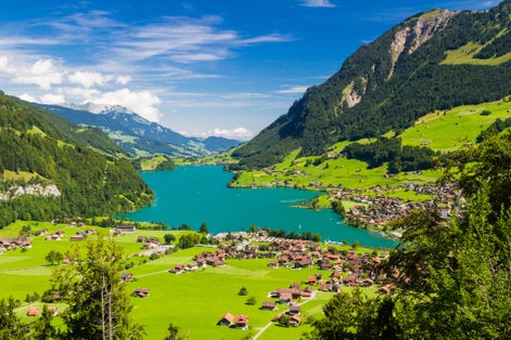 Photo of Lake Lungern Valley from Brunig Pass, Switzerland .