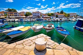 Photo of aerial view of Historic Adriatic town of Krk aerial view, Island of Krk, Kvarner bay of Croatia.