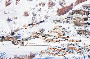 photo of panoramic view of Sestriere village from above, famous ski resort in the Italian western Alps, Piedmont, Italy.