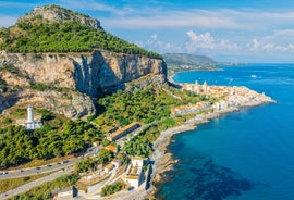 Photo of view of Cefalu and Promontorio de Torre Caldura seen from Norman Castle, La Rocca park, Italy.