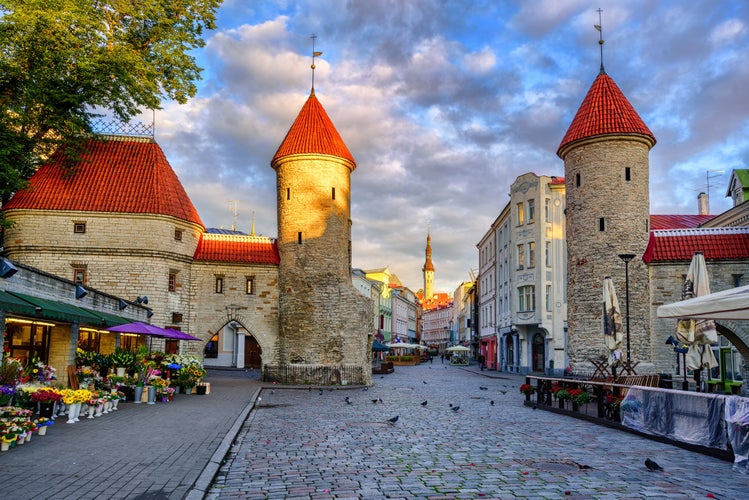 Photo of Twin towers of Viru Gate at the entrance to the old town of Tallinn.