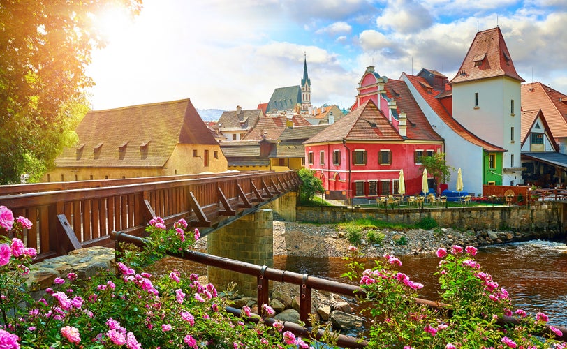 Czech Krumlov, (Cesky Krumlov), Czech Republic. Wooden bridge over river Vltava. Vintage picturesque old town with colorful houses and chapel of church. Rose flowers on bank. Sunny summer day.