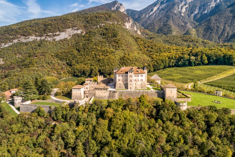 Aerial View of Castel Thun, gothic, medieval hilltop castle, Vigo di Ton, province of Trento, Italy