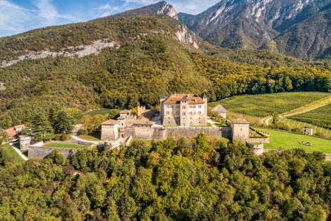 Aerial View of Castel Thun, gothic, medieval hilltop castle, Vigo di Ton, province of Trento, Italy