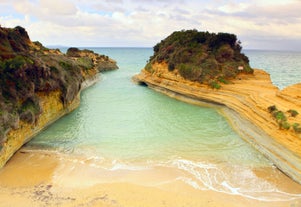 Photo of panoramic aerial view of Palaiokastritsa, Corfu, Greece.