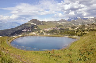 photo of panoramic view of the ski resort, les arcs 1950, French Alps.